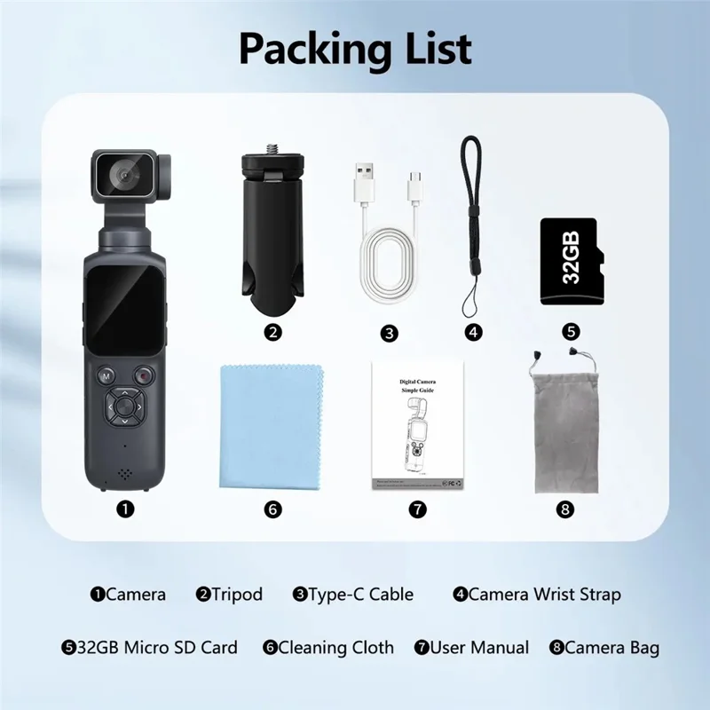 HJD-05 4K Vlog Camera with 3-Axis Gimbal Stabilizer AI Face Tracking Dual Lens 1.72 Inch Touch Screen WiFi Action Camera - Black