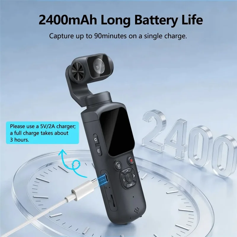 HJD-05 4K Vlog Camera with 3-Axis Gimbal Stabilizer AI Face Tracking Dual Lens 1.72 Inch Touch Screen WiFi Action Camera - Black