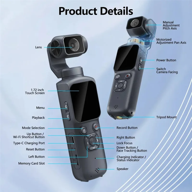 HJD-05 4K Vlog Camera with 3-Axis Gimbal Stabilizer AI Face Tracking Dual Lens 1.72 Inch Touch Screen WiFi Action Camera - Black