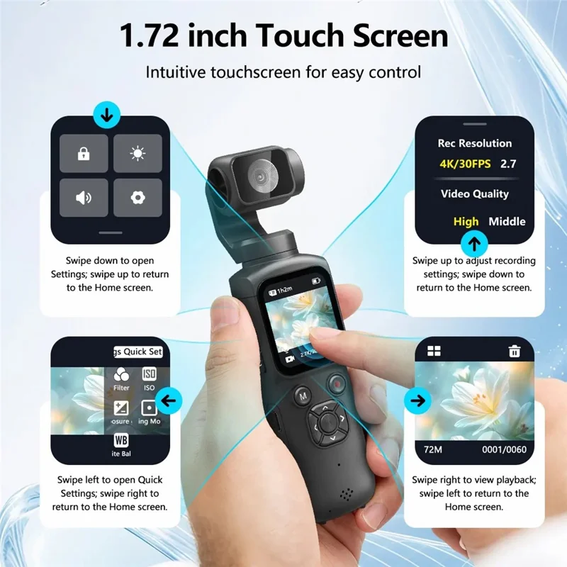 HJD-05 4K Vlog Camera with 3-Axis Gimbal Stabilizer AI Face Tracking Dual Lens 1.72 Inch Touch Screen WiFi Action Camera - Black
