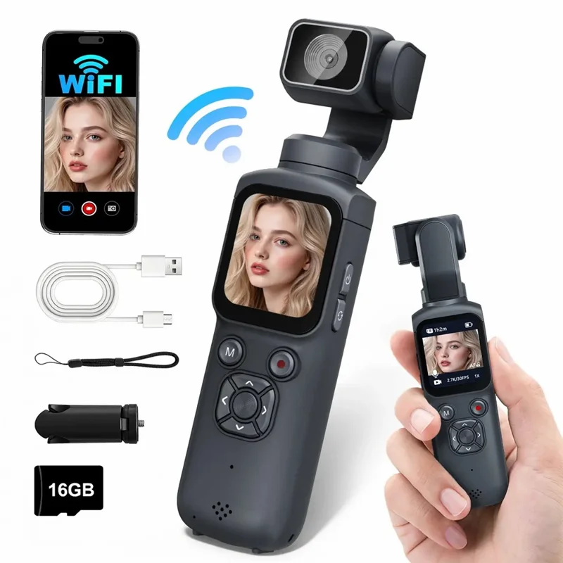 HJD-05 4K Vlog Camera with 3-Axis Gimbal Stabilizer AI Face Tracking Dual Lens 1.72 Inch Touch Screen WiFi Action Camera - Black