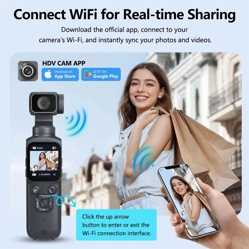 HJD-05 4K Vlog Camera with 3-Axis Gimbal Stabilizer AI Face Tracking Dual Lens 1.72 Inch Touch Screen WiFi Action Camera - Black