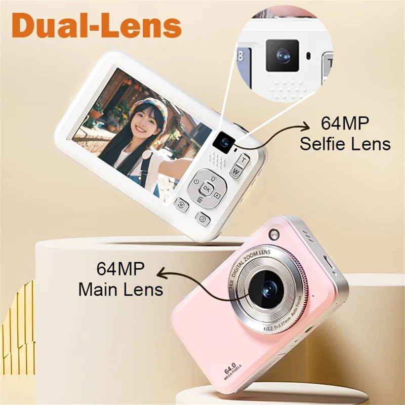 DC317L 4K Digital Camera 64MP Dual Lens 16X Zoom 2.8 Inch Display LED Flash Auto Focus High Definition Shooting Camera - Black