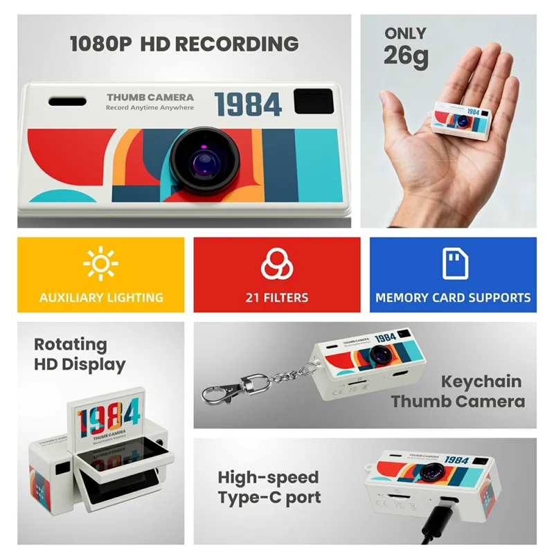 G62 0.96 Inch Mini Camera 1080P HD Recording Rotating Screen Keychain Thumb Camera with Built-in Flashlight for Vlog Travel - White