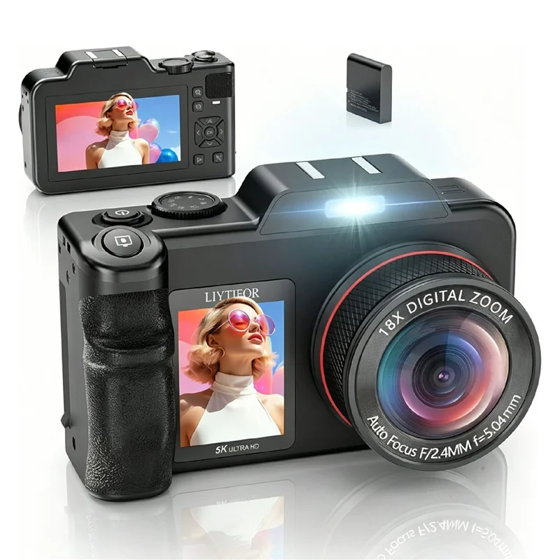 V03 3.5+2.0 Inch Dual Screen Digital Camera 80MP 5K Video 18X Zoom Autofocus Camera for Photography Vlog