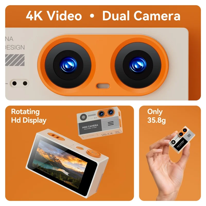 G9 Mini Thumb Camera Portable Dual Lens 4K HD Camera Student Digital Camera with 21 Shooting Filters - Orange