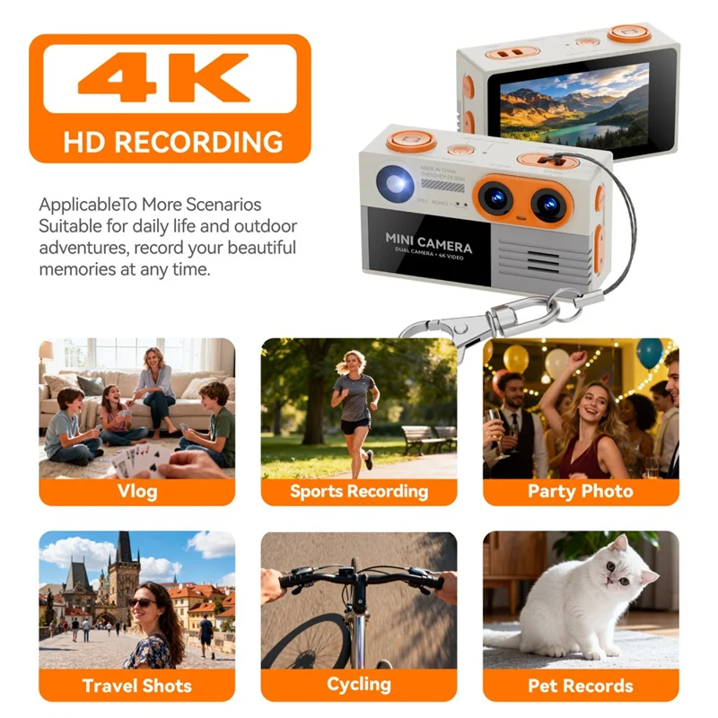 G9 Mini Thumb Camera Portable Dual Lens 4K HD Camera Student Digital Camera with 21 Shooting Filters - Orange