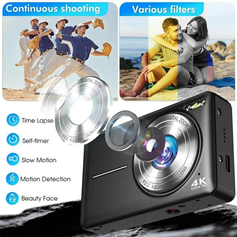 DC413L 4K UHD Digital Camera 64MP 16X Zoom 2.8 Inch IPS Screen Dual Lens Front Rear Camera for Vlog Photography - Black