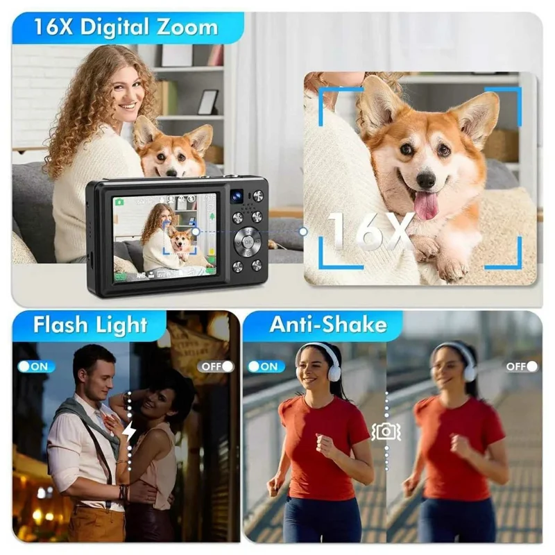 DC413L 4K UHD Digital Camera 64MP 16X Zoom 2.8 Inch IPS Screen Dual Lens Front Rear Camera for Vlog Photography - Black