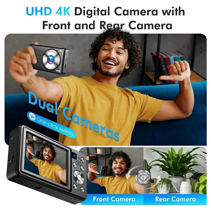 DC413L 4K UHD Digital Camera 64MP 16X Zoom 2.8 Inch IPS Screen Dual Lens Front Rear Camera for Vlog Photography - Black