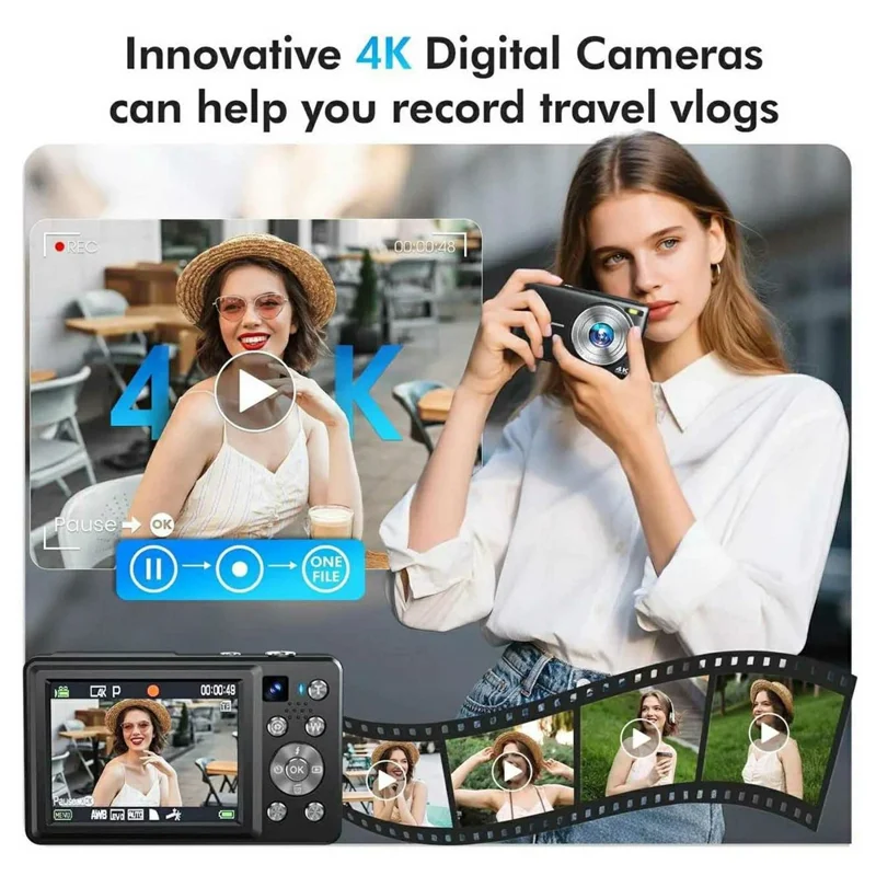 DC413L 4K UHD Digital Camera 64MP 16X Zoom 2.8 Inch IPS Screen Dual Lens Front Rear Camera for Vlog Photography - Black