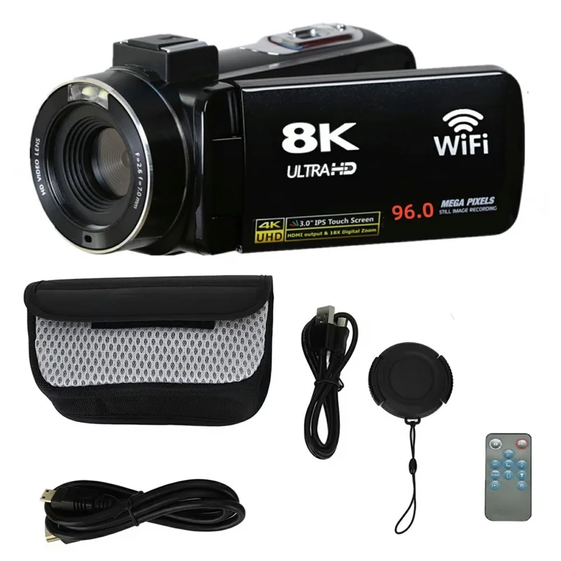 DV09 8K Digital Video Camera 96MP WiFi 3.0 Inch IPS Touchscreen 18X Zoom Camcorder for Vlog Photography - Black