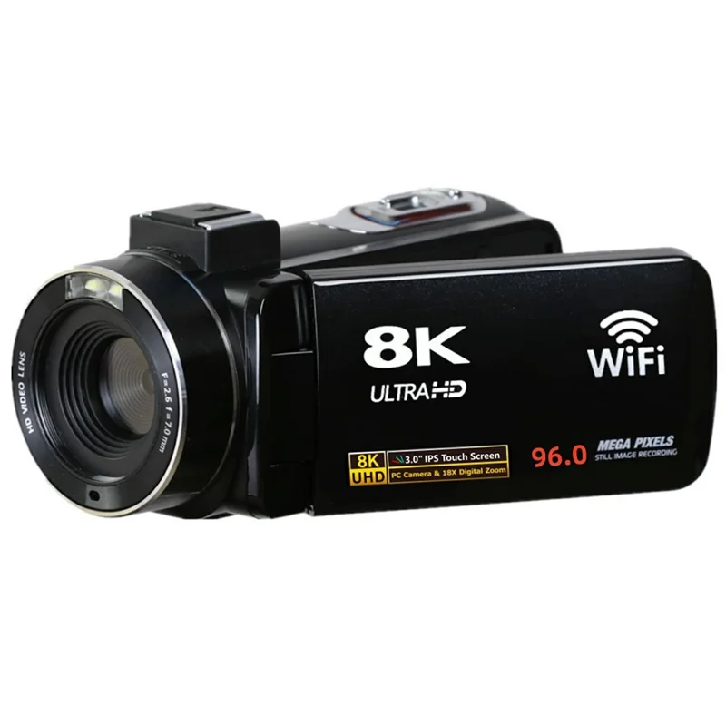 DV09 8K Digital Video Camera 96MP WiFi 3.0 Inch IPS Touchscreen 18X Zoom Camcorder for Vlog Photography - Black
