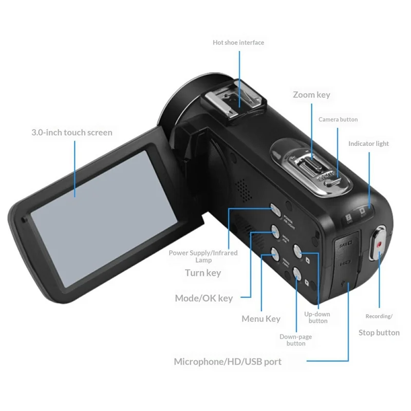 DV09 8K Digital Video Camera 96MP WiFi 3.0 Inch IPS Touchscreen 18X Zoom Camcorder for Vlog Photography - Black