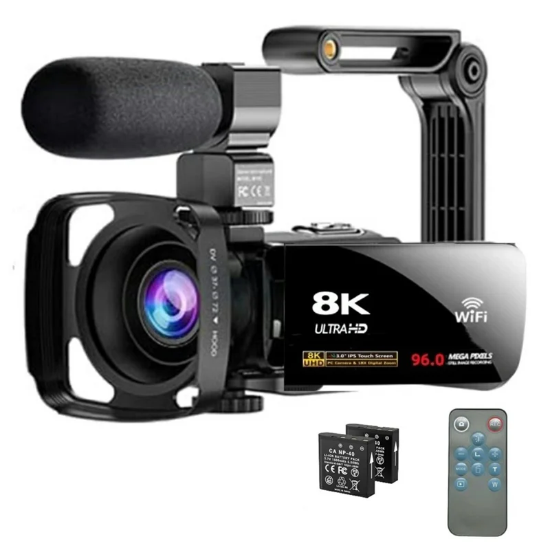 DV09 8K Digital Video Camera with External Microphone Lens Hood Handle Accessories 96MP 3.0 Inch Touch Screen 18X Zoom Camcorder - Black