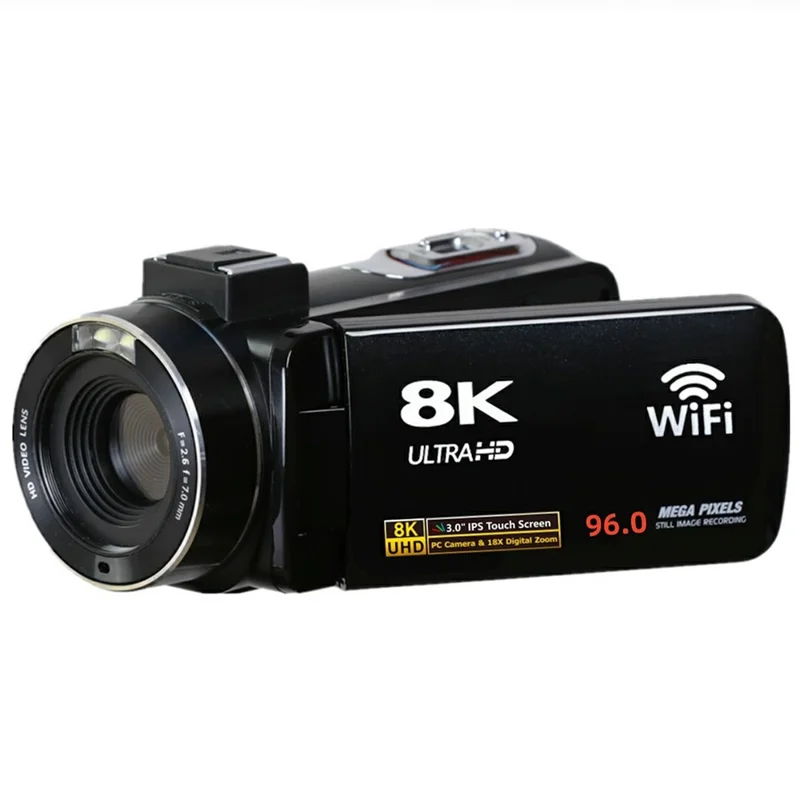DV09 8K Digital Video Camera with External Microphone Lens Hood Handle Accessories 96MP 3.0 Inch Touch Screen 18X Zoom Camcorder - Black