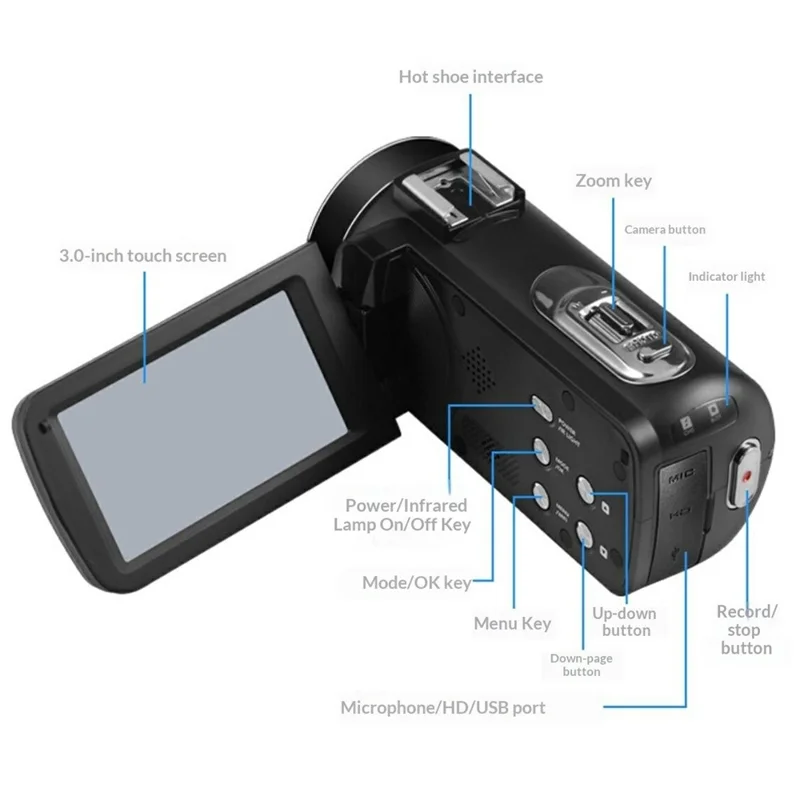 DV09 8K Digital Video Camera with External Microphone Lens Hood Handle Accessories 96MP 3.0 Inch Touch Screen 18X Zoom Camcorder - Black