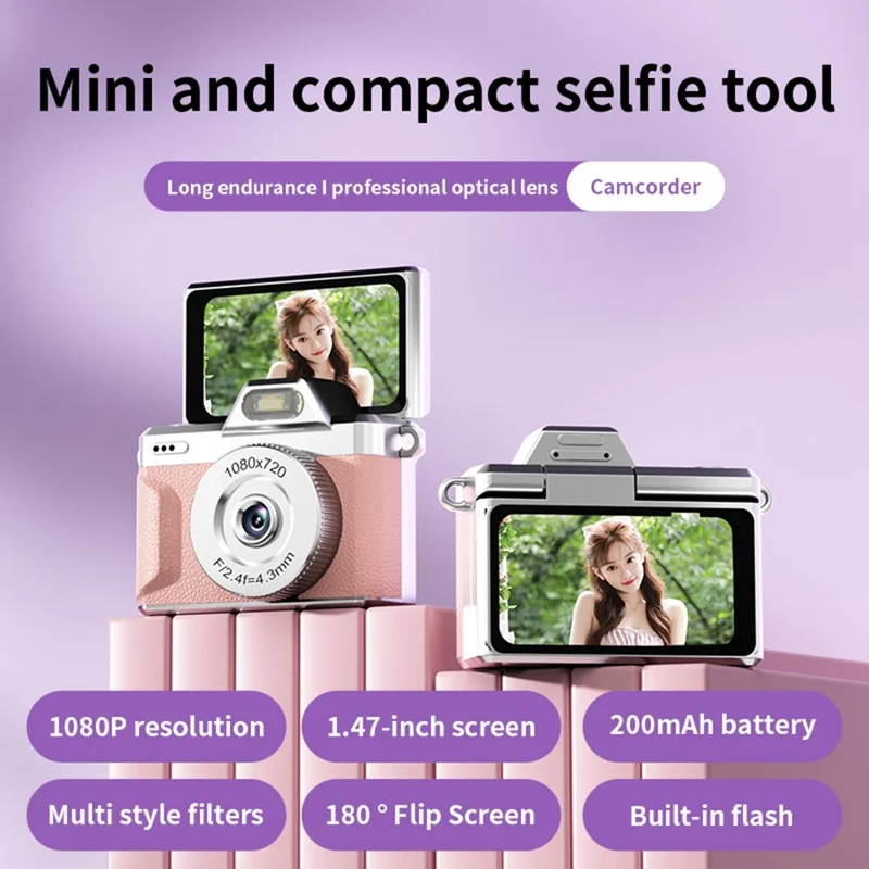 M37 1.47 Inch Flip Screen Mini Thumb Camera 1080P HD Video Recording LED Flash Camera for Vlog Travel - Pink