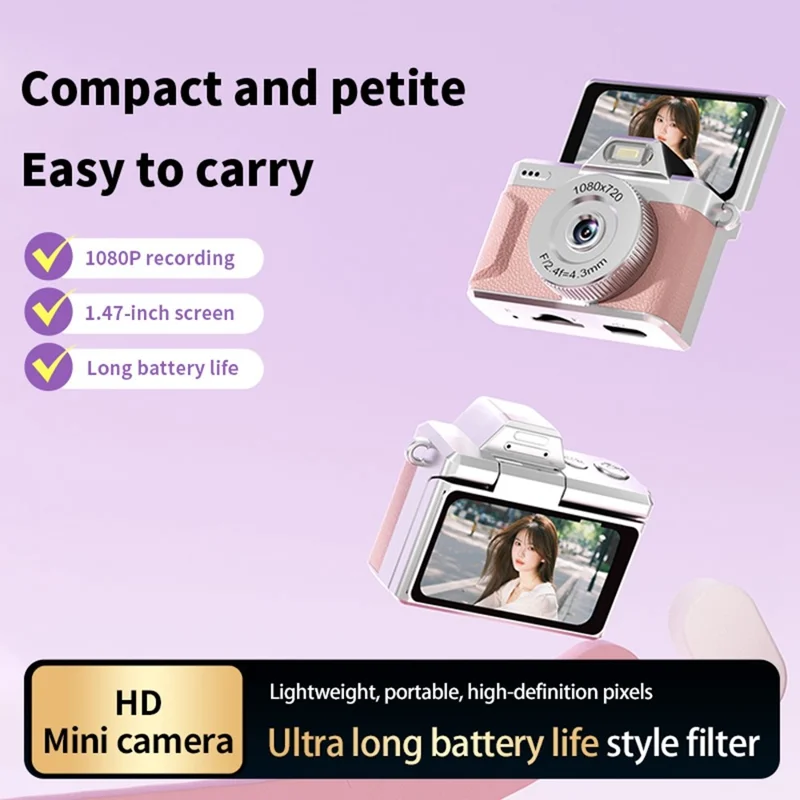 M37 1.47 Inch Flip Screen Mini Thumb Camera 1080P HD Video Recording LED Flash Camera for Vlog Travel - Pink