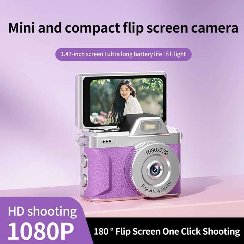 M37 1.47 Inch Flip Screen Mini Thumb Camera 1080P HD Video Recording LED Flash Camera for Vlog Travel - Pink