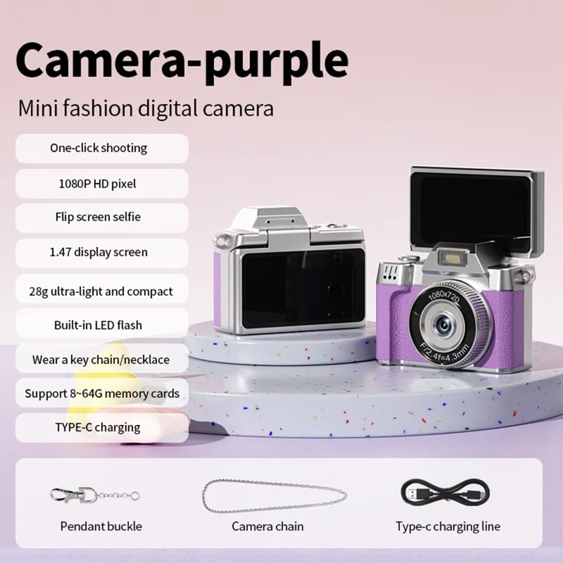 M38 Mini Thumb Camera 1.47 inch Flip Screen 1080P HD Recording Digital Camera with LED Flash - Purple