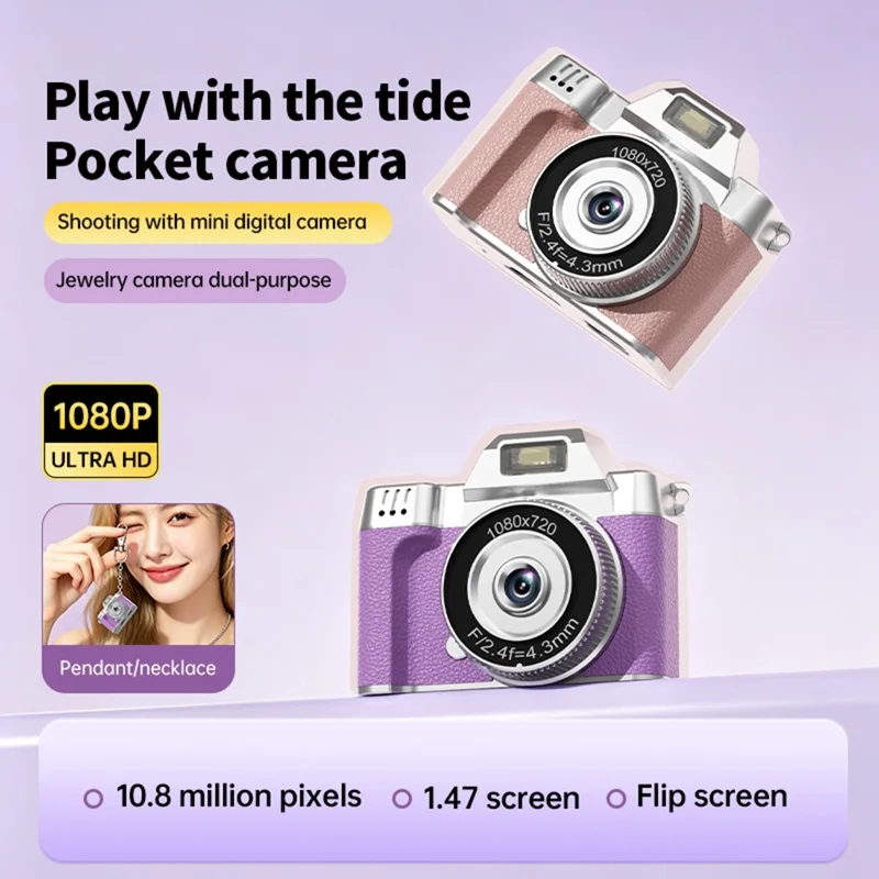 M38 Mini Thumb Camera 1.47 inch Flip Screen 1080P HD Recording Digital Camera with LED Flash - Purple