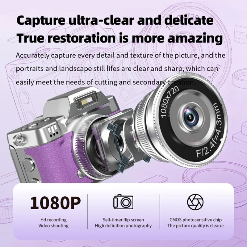 M38 Mini Thumb Camera 1.47 inch Flip Screen 1080P HD Recording Digital Camera with LED Flash - Purple