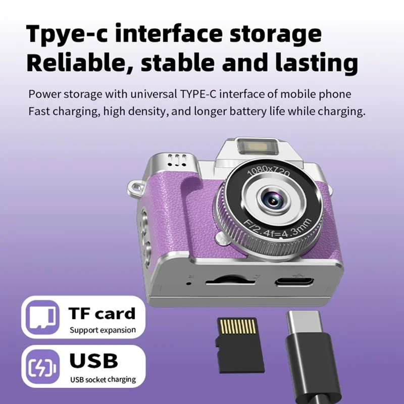 M38 Mini Thumb Camera 1.47 inch Flip Screen 1080P HD Recording Digital Camera with LED Flash - Purple