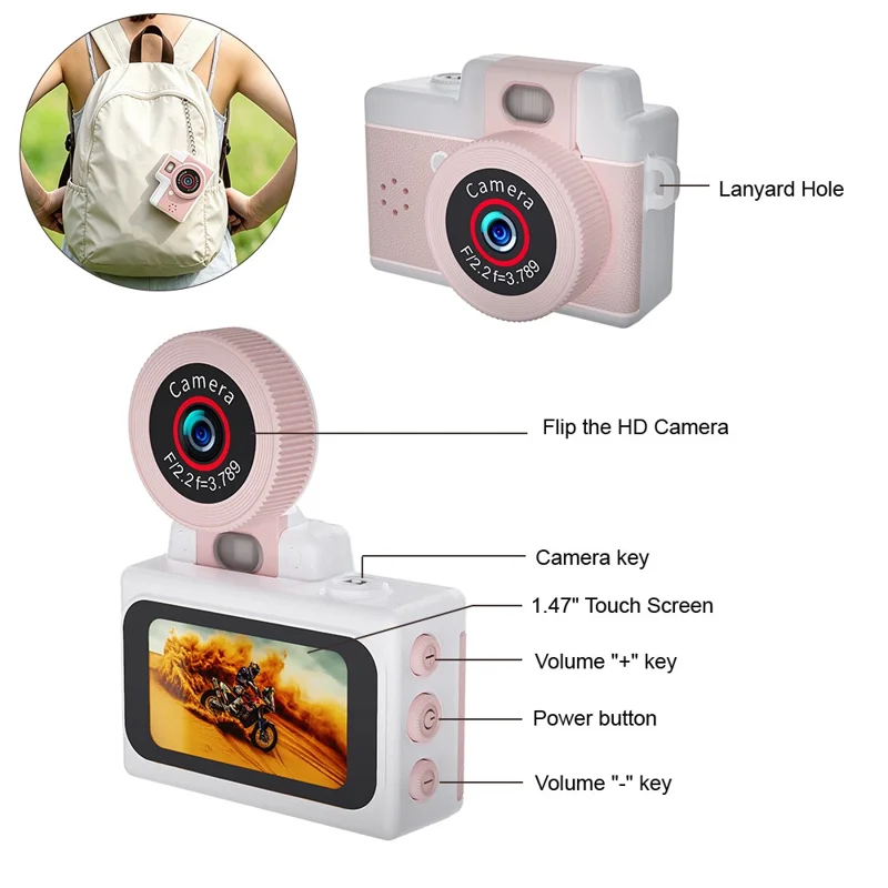 A90 1080P 1.47 inch IPS Touch Screen 180 Degree Flip Mini Keychain Camera for Selfie and Travel - Pink