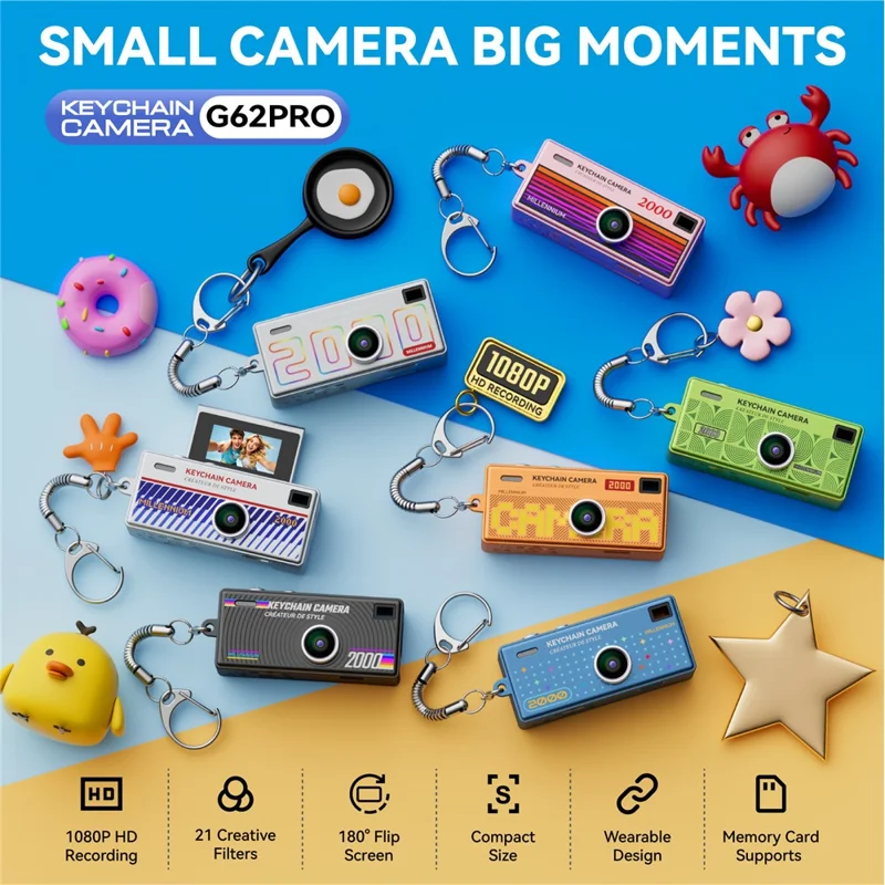 G62PRO Mini Thumb Camera with 0.96 Inch Flip Screen 1080P HD Video Recording Keychain Camera - White