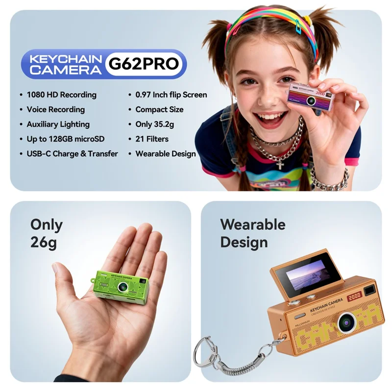 G62PRO Mini Thumb Camera with 0.96 Inch Flip Screen 1080P HD Video Recording Keychain Camera - White