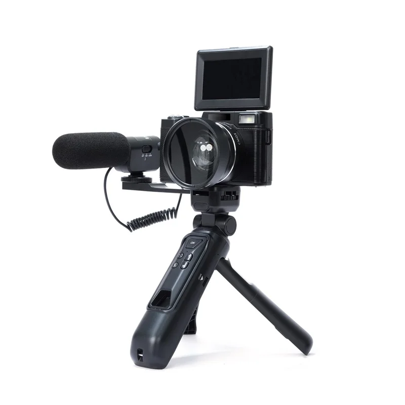 Cámara Vlogging V01 4K con 1 batería, pantalla abatible de 3,0 pulgadas, cámara digital con micrófono + trípode - Negro