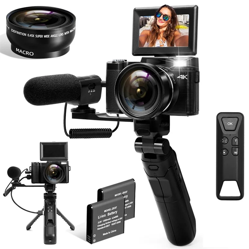 V01 4K Vlogging-камера с 2 батареями, 3,0-дюймовым поворотным экраном, цифровая камера с микрофоном + штатив — черная