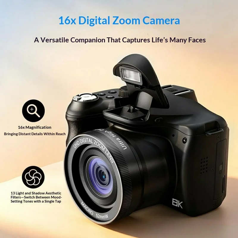 CD-R7 Digital Camera 3.0 Inch IPS Screen Dual Lens 16X Zoom WiFi 8K Video Recorder - Black