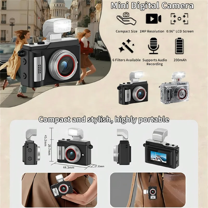 DC21 Mini Digital Camera 0.96 inch HD Screen 1080P / 30FPS Audio Recording with Flash - Black