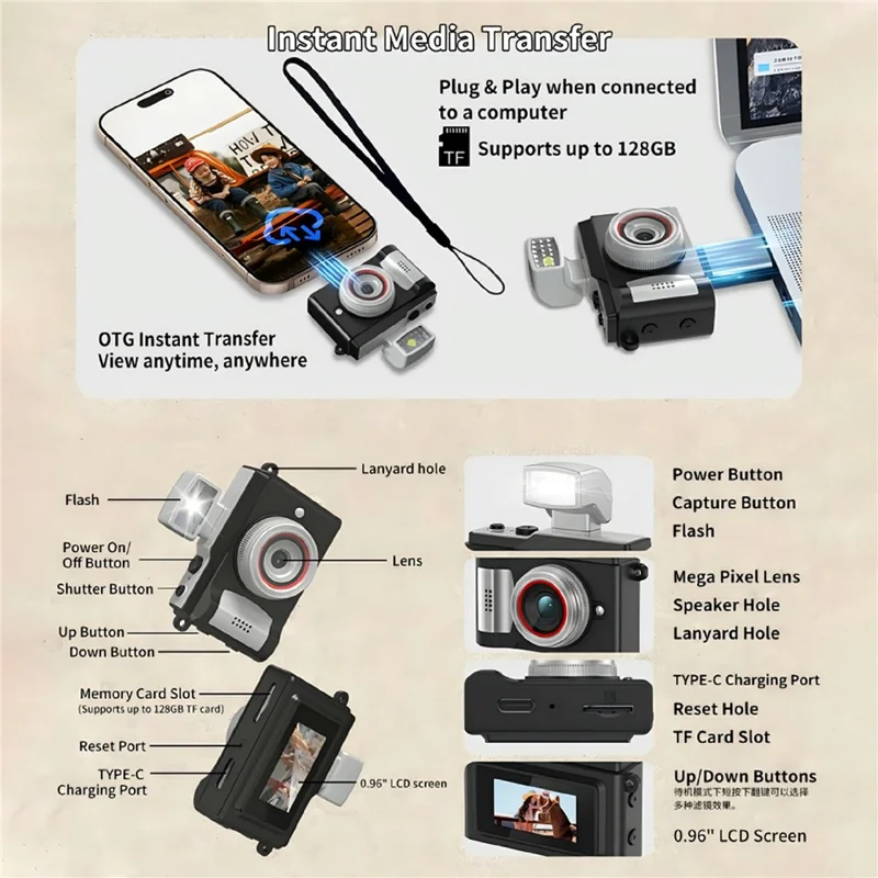 DC21 Mini Digital Camera 0.96 inch HD Screen 1080P / 30FPS Audio Recording with Flash - Black