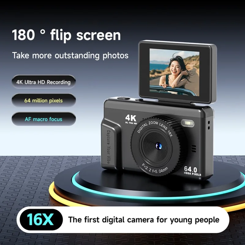 M52 4K Digital Camera 2.4 inch 180 Degree Flip Screen 16X Zoom Type-C for Vlogging - Black