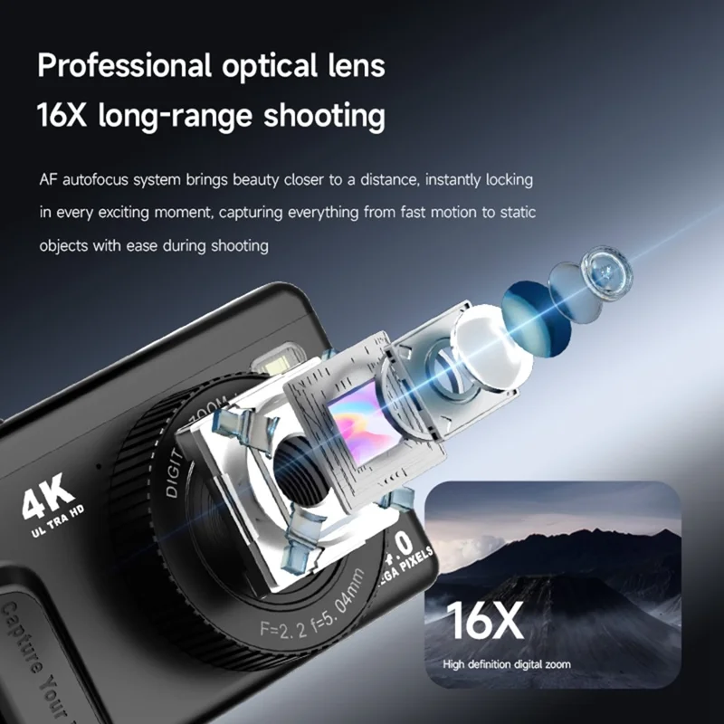 M52 4K Digital Camera 2.4 inch 180 Degree Flip Screen 16X Zoom Type-C for Vlogging - Black
