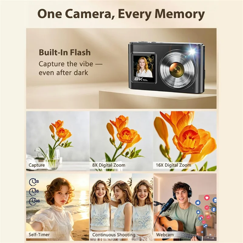 DC325W 8K Video Recorder Digital Camera Dual Screen 8X Zoom with 32GB TF Card - Black