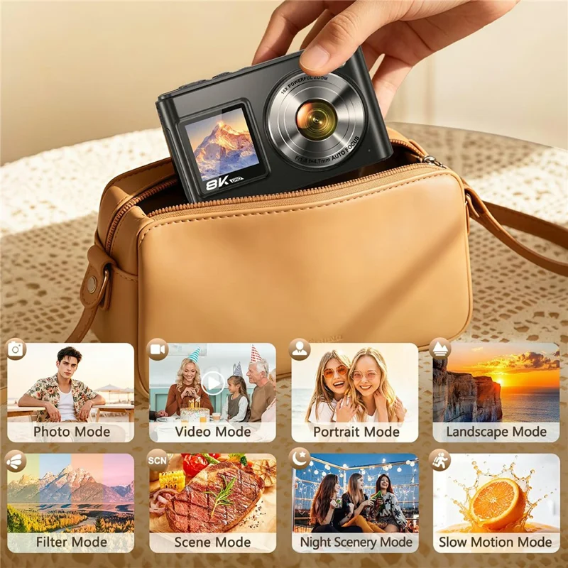 DC325W 8K Video Recorder Digital Camera Dual Screen 8X Zoom with 32GB TF Card - Black