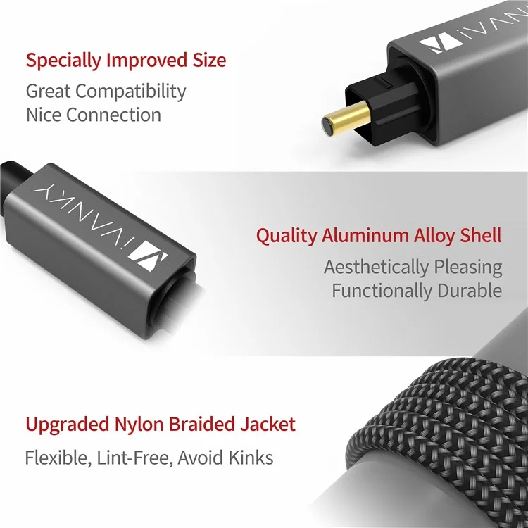 Ivanky OC03 3m Woven Nylon Digital Audio Hifi Toslink Fibre Cable Pour Home Theatre / tv / Ps4 / Xbox / Freebox - Gris