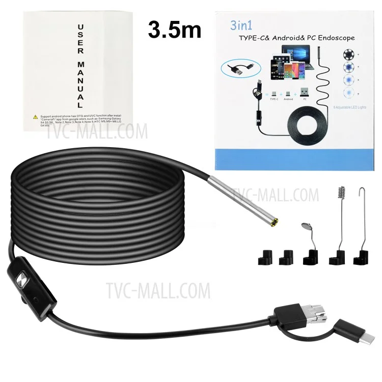 Câmera De Inspeção De Endoscópio 3-em-1 Câmera De Cobra De 3,9mm Com Cabo Semi-rígido De 3,5 M