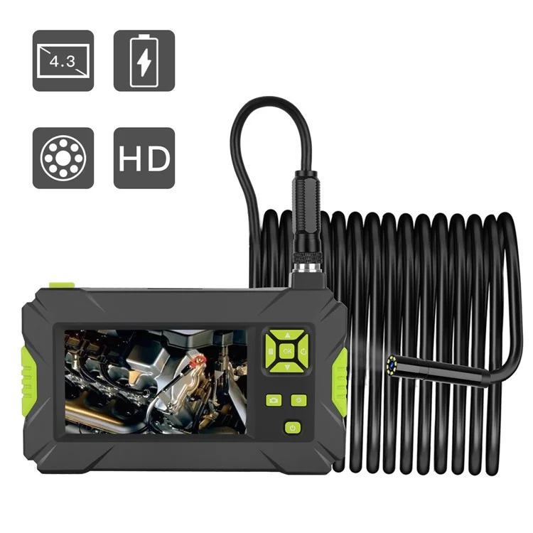 P30 Industrial Endoscope 5.5mm Handheld Borescope 8 LEDs 4.3inch 1080P HD Video Car Inspection Camera with 5M Semi-Rigid Cable - Green