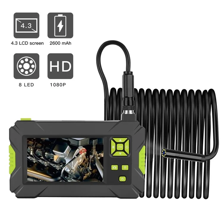 P30 Industrial Endoscope 5,5 mm Handheld Borescope 8 Leds 4.3 Pouces 1080p Caméra D'inspection de Voitures Vidéo HD Avec Câble Semi-rigide 5m - Vert