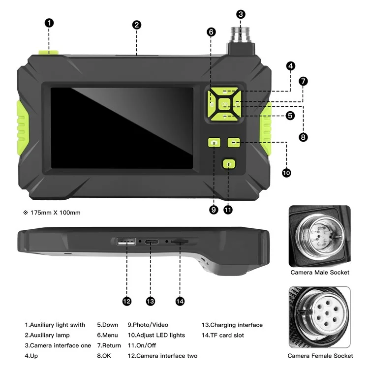P30 Industrieendoskop 5,5 mm Handhaltiges Boresikop 8 LEDs 4,3-Zoll-1080p-HD-Videokamera für Fahrzeuginspektionen mit 5 m Halbstarrkabel - Grün