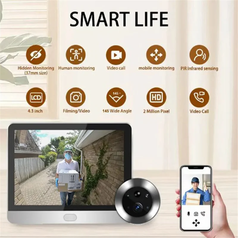 SY-36 4.3-inch Mini WiFi PIR Motion Detection Peephole Video Doorbell (Built-in Battery) - Black