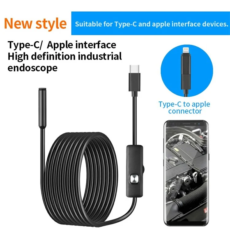DN200 3m Hard Wire 8mm Lens 1080P HD Endoscope Type-C Phone Industrial Inspection Camera (With 8Pin and Micro Adapter)