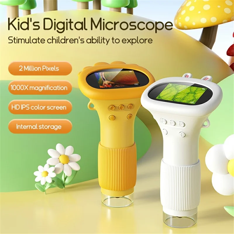 Mini Microscope for Kids Digital Microscope 1000X Zoom 2MP Camera with 8 LED Lights - Yellow