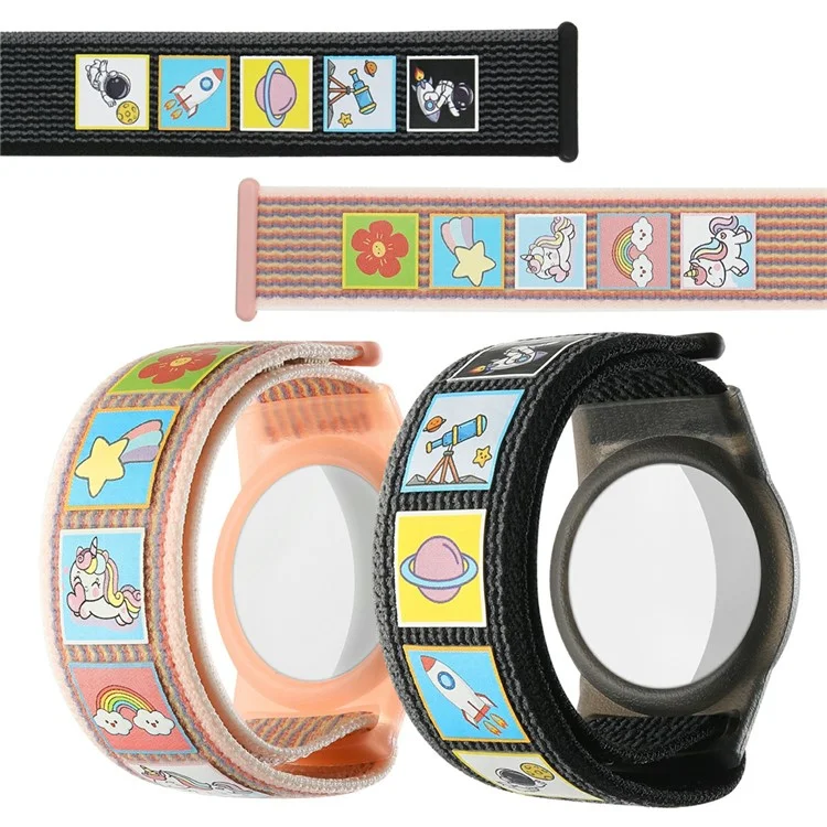 TPU Case for AirTag Cartoon Magic Tape Nylon Band Loop Wristband, with Front Back Film Set - Space