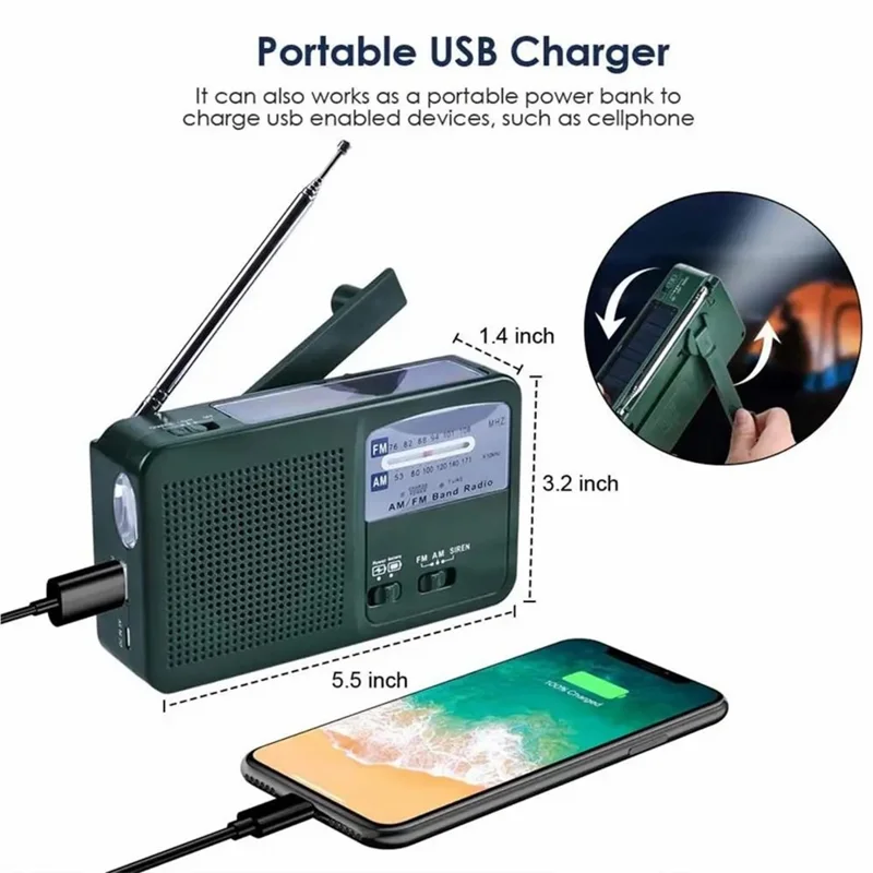 RD369 Portable Solar Power Hand Crank AM / FM Radio LED Flashlight 500mAh Power Bank - White